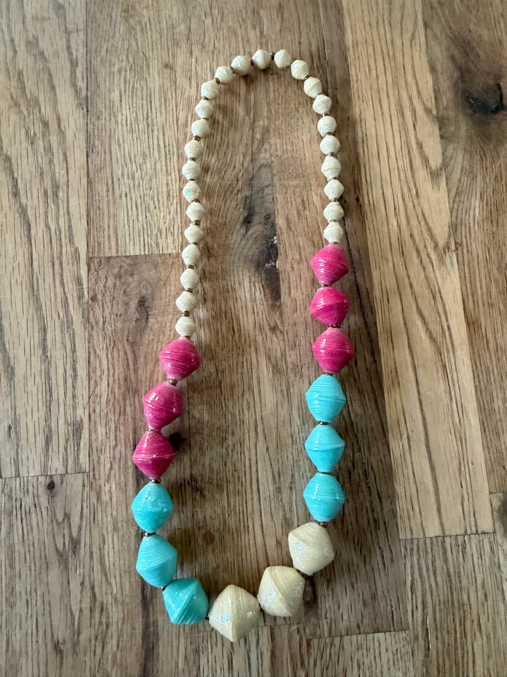 Handmade Beaded Statement Necklace in Pink, Aqua & Natural